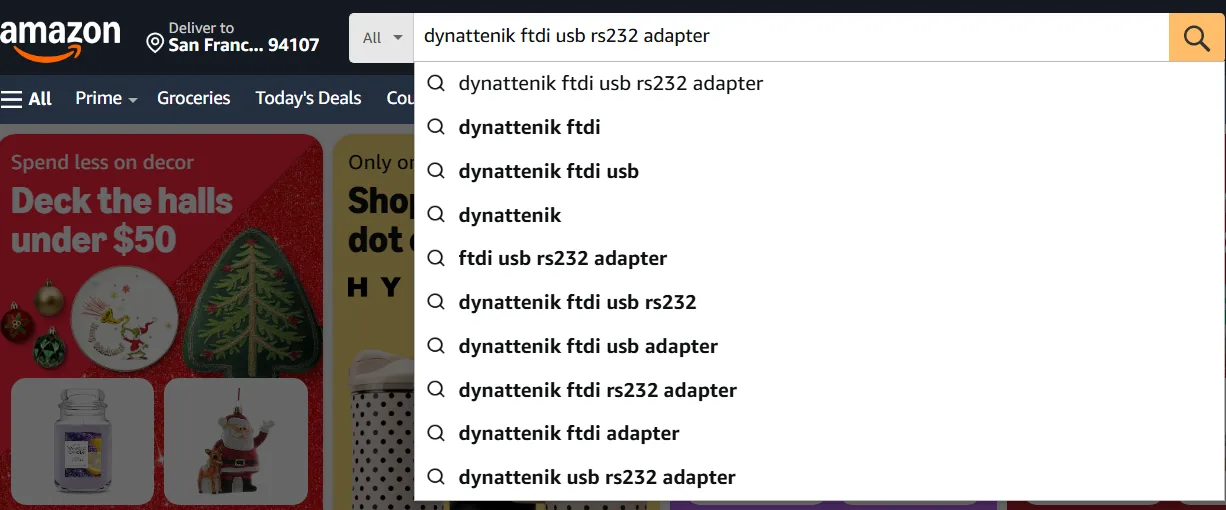 Amazon search results page for the query &ldquo;dynattenik ftdi usb rs232 adapter&rdquo;